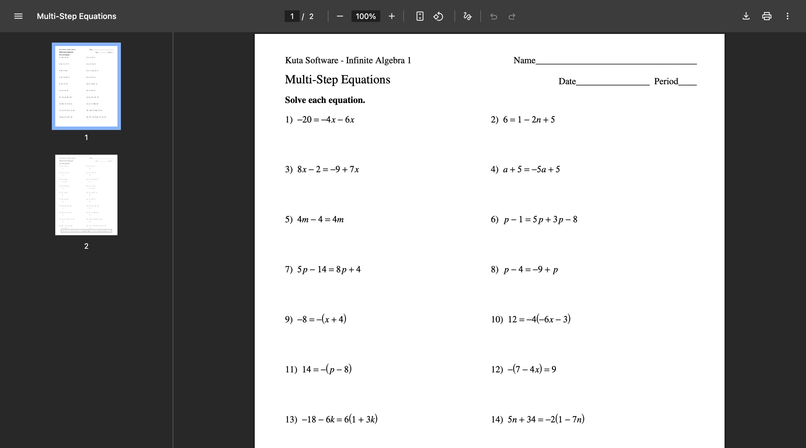 Kuta Multi-Step Equations Worksheet